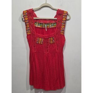 Free People Boho Crochet Lace Embroidered Red Tank Top Festival Peasant Blouse S